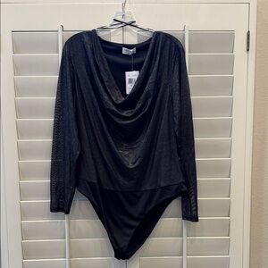 Tinsel Metallic Black Cowl Neck Bodysuit